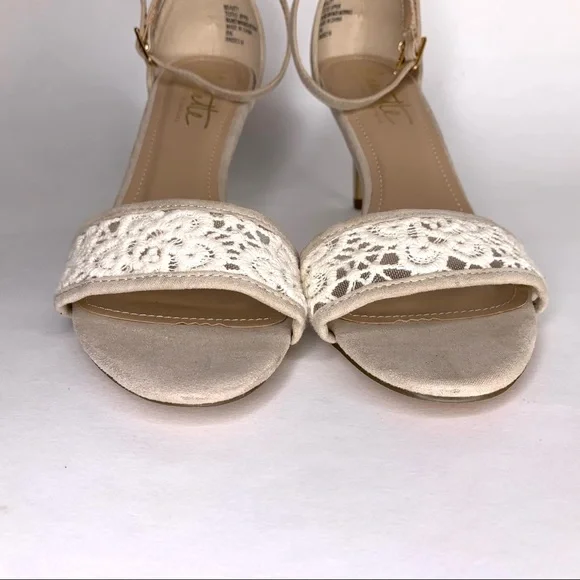 Nanette Lepore Ankle Strap Sandal ‘Beauty’ Heel Crochet Detail Faux Suede Tan 8 - Picture 6 of 14